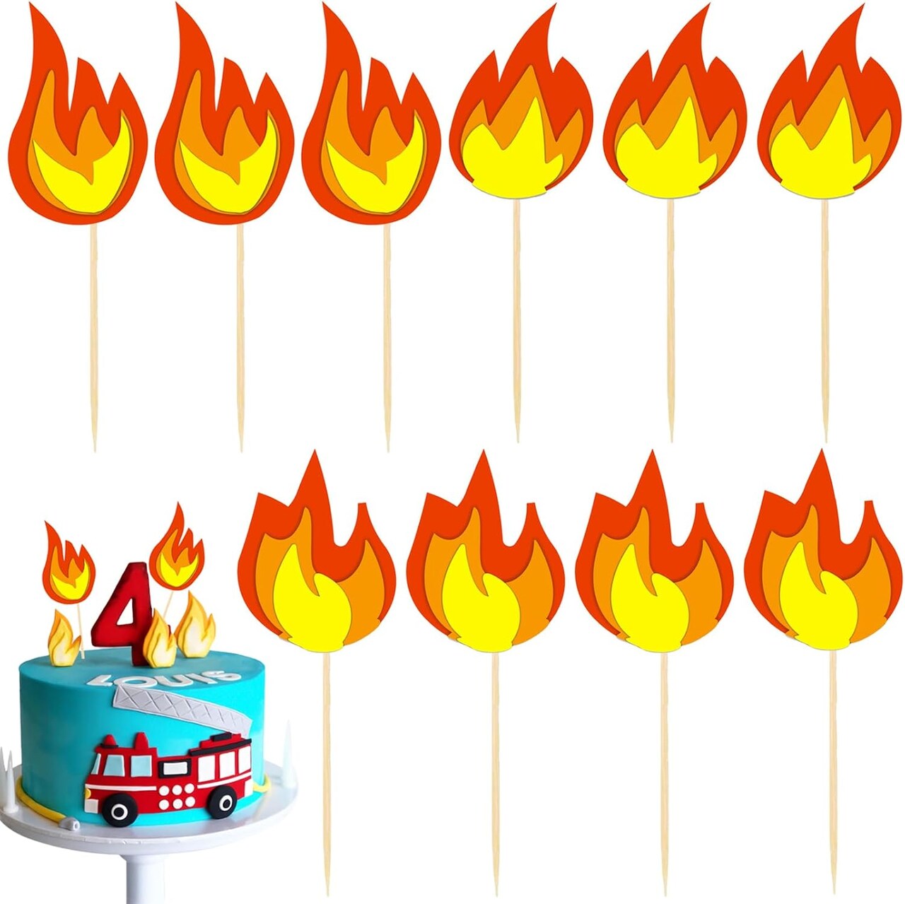 10 PACK Fire Truck Cake Topper, Fire Truck Birthday Party Supplies, Fire Cake Pick Fire Flame Cake Decorations, Paper Cards and Wooden Sticks Fake Campfire, Fire Truck Party Supplies